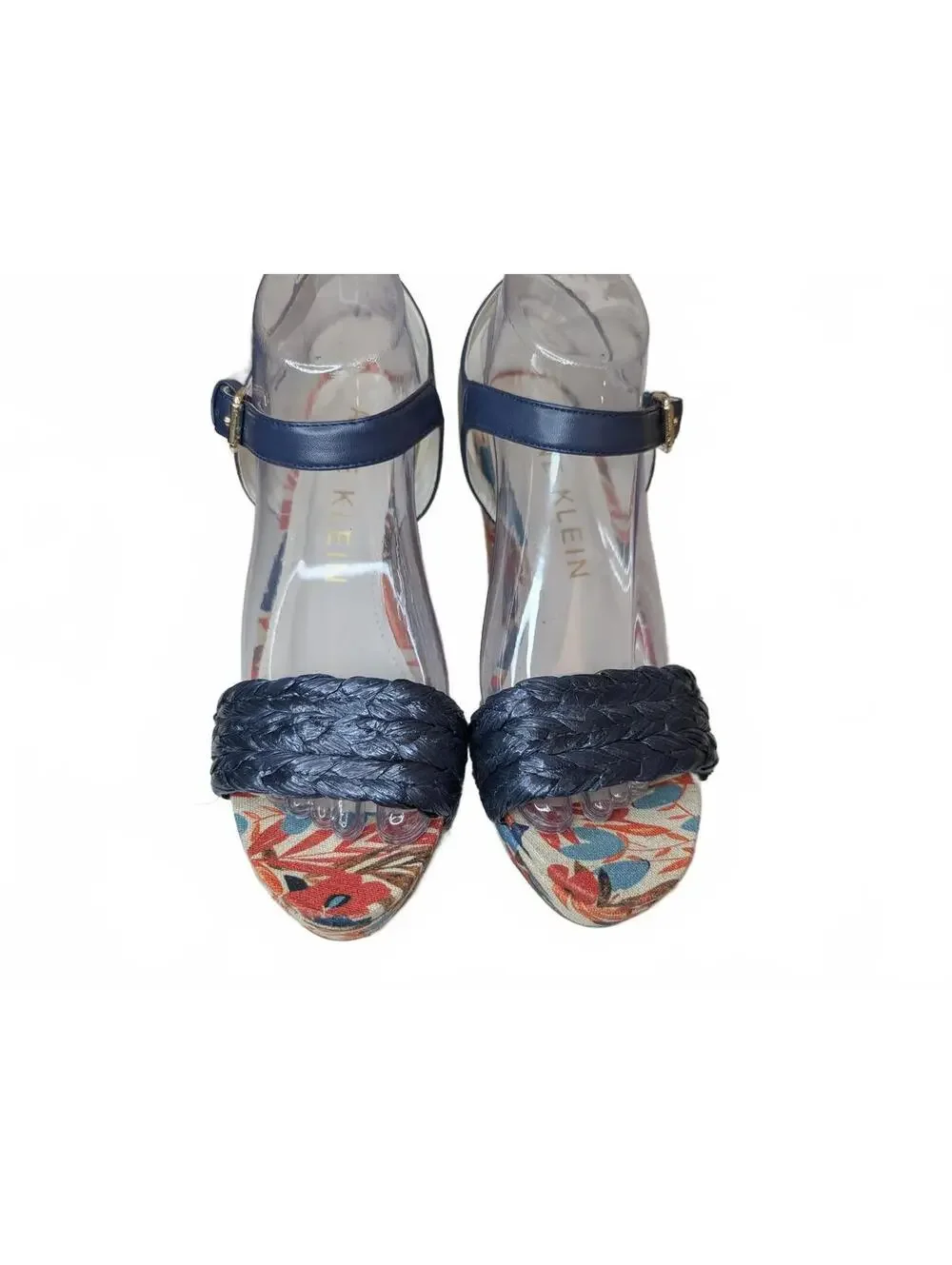 Anne Klein Floral Wedge Sandals Navy Braided Strap Size‎ 9